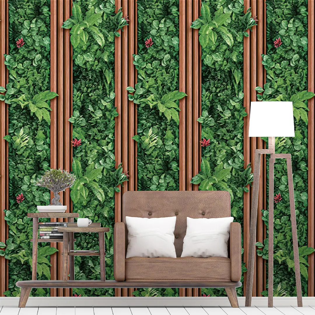 LX09 Series Artificial Green Plant Wooden Grille 3D PVC Wallpaper Custom Background Wall for Living Room, Balcony, Commercial Theme Spaces