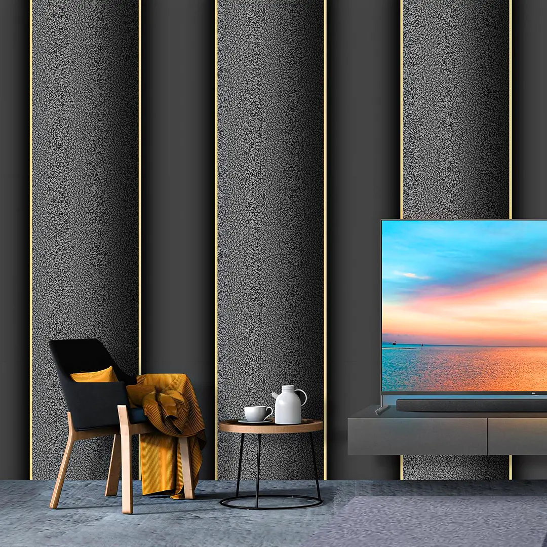 LX18 Series Modern Light Luxury Metal Line Vertical Stripe 3D PVC Waterproof Wallpaper for Living Room TV Wall Faux Leather Texture Hard Upholstery