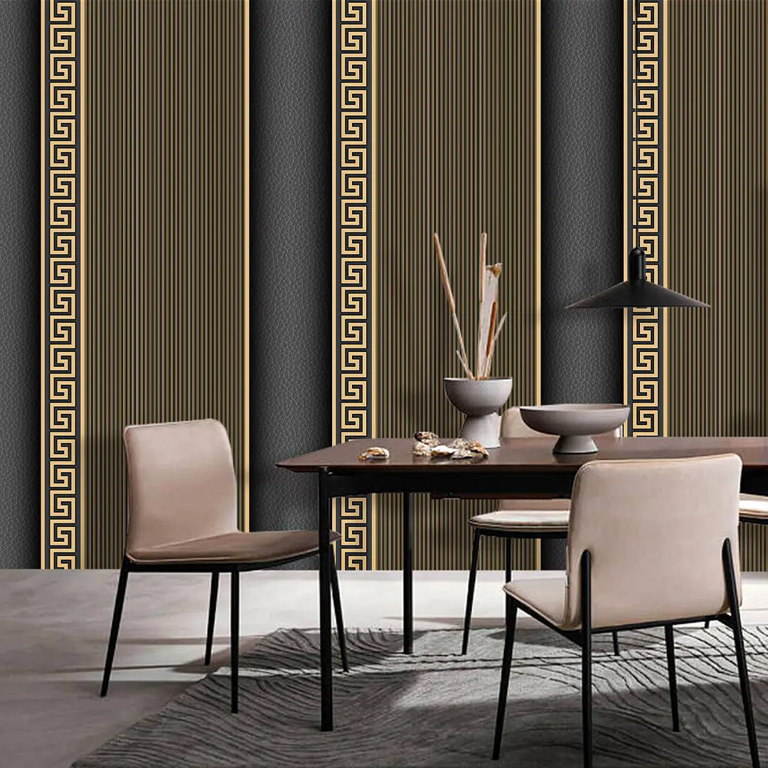 LX19 New Chinese Light Luxury Fret Pattern Striped PVC Deep Embossed 3D Wallpaper Vinyl Background Wall Sticker for Hotel Private Room Study
