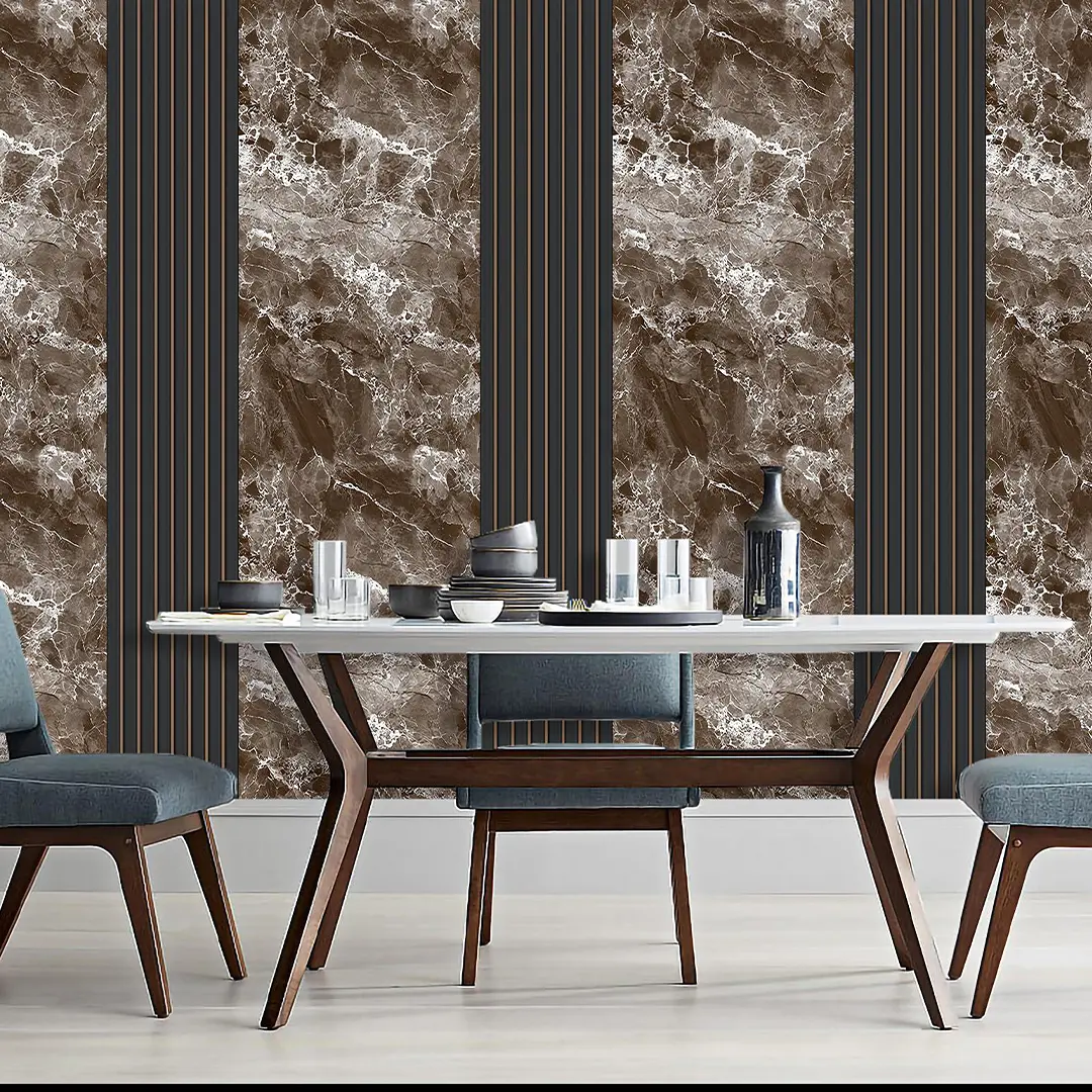 LX20 Series Wooden Grille Faux Light Luxury Marble Pattern Background Wall for Living Room Dining Room 3D PVC Waterproof Wallpaper for Shop Renovation